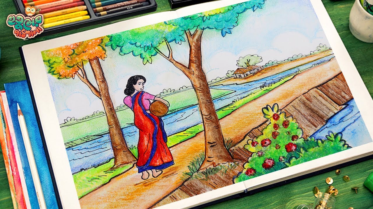 How to Draw Village Scenery | Beautiful Village Scenery Drawing