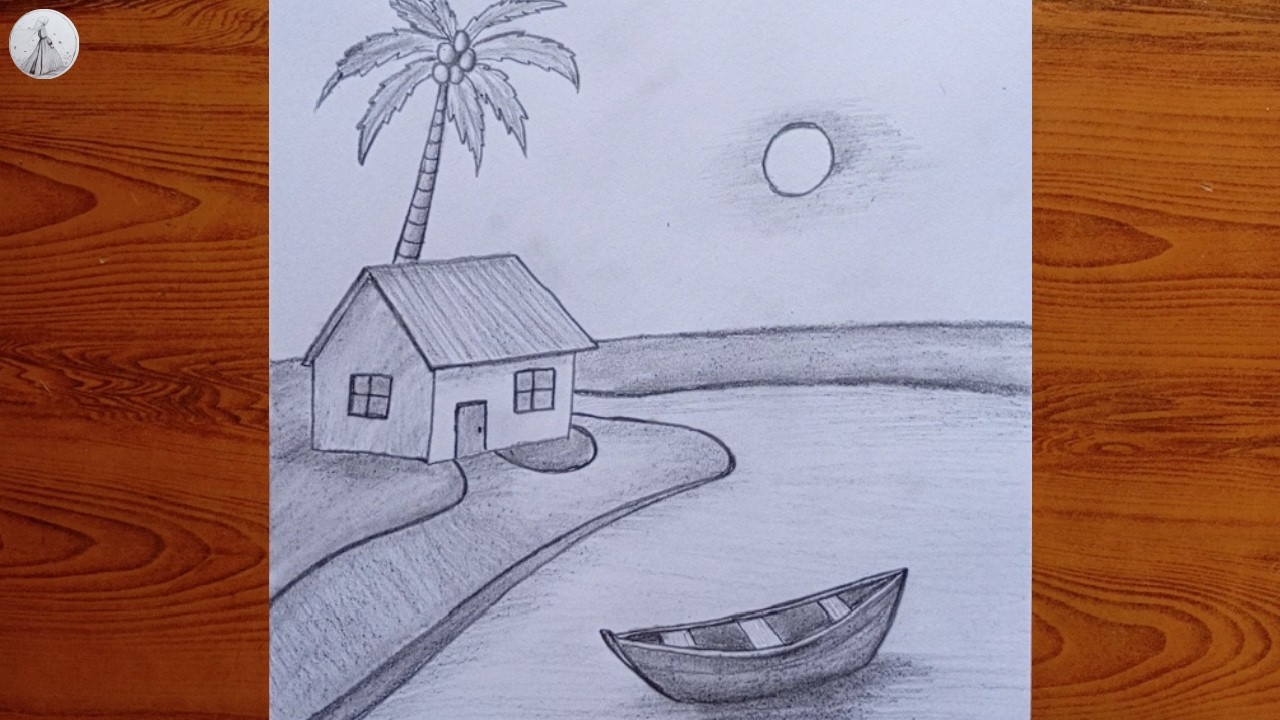 Easy Coconut Tree Scenery Drawing 🌴 Simple Beach House Pencil Sketch for Beginners