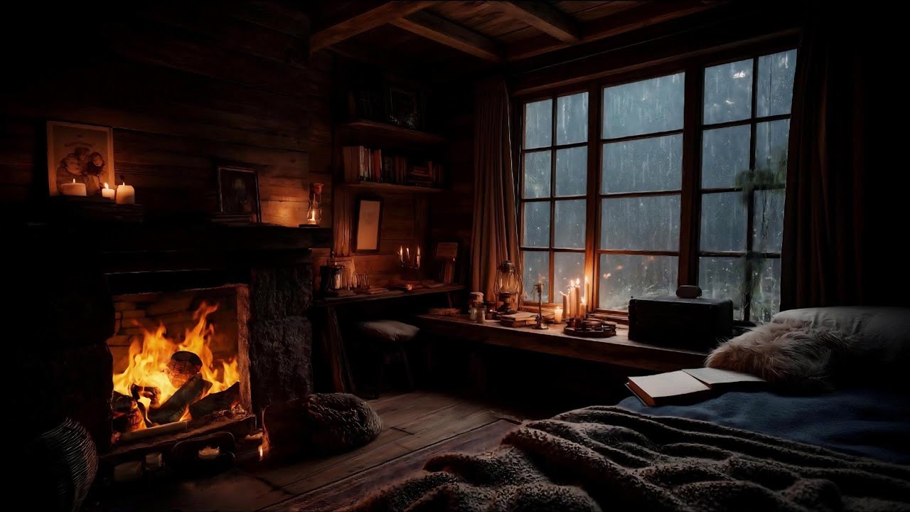 Cozy Fireplace • Rain & Distant Thunder | Calm Storm Night 