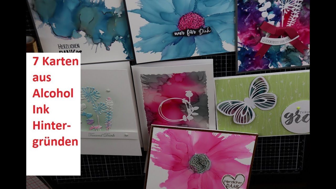 7 Karten aus Alcohol Ink Hintergründen - Ideen zur Kartengestaltung
