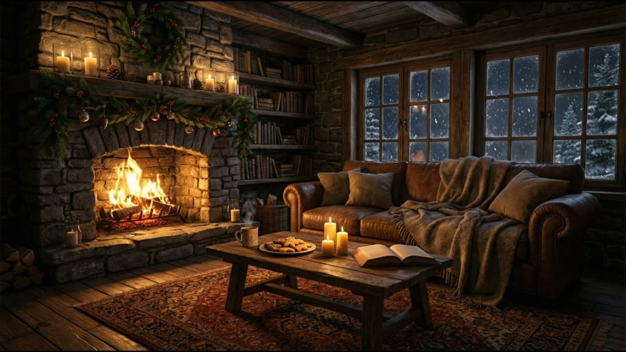 موسيقى جاز دافئة وصوت المدفأة المتوهجة 🔥❄️ أجواء كوخ شتوي هادئ للقراءة والدراسة والنوم