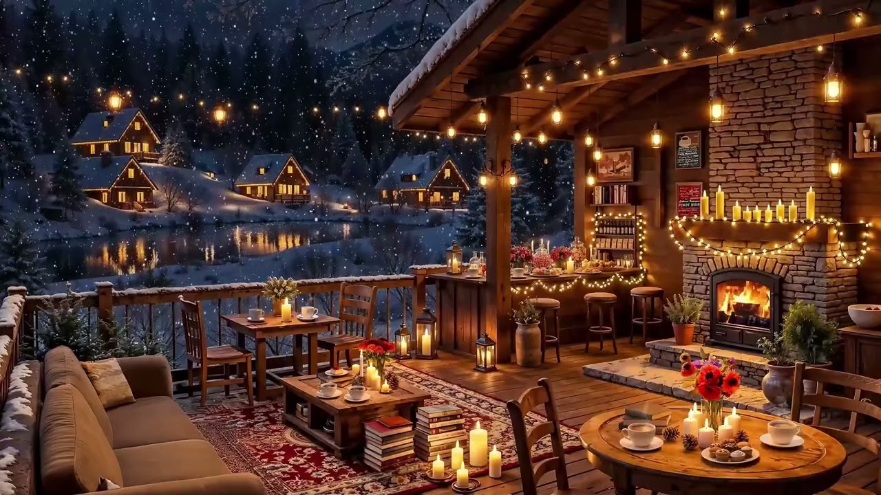 Cozy Winter Cafe Ambience by the Lake ⛄Relaxing Jazz Background Music & Crackling Fireplace