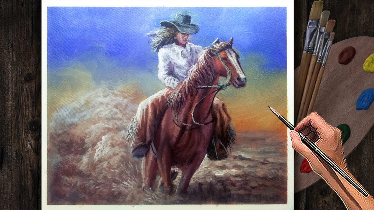 Acrylic Animal Painting Tutorial Time-lapse / Cowgirl Riding a Horse / Fine Art techniques