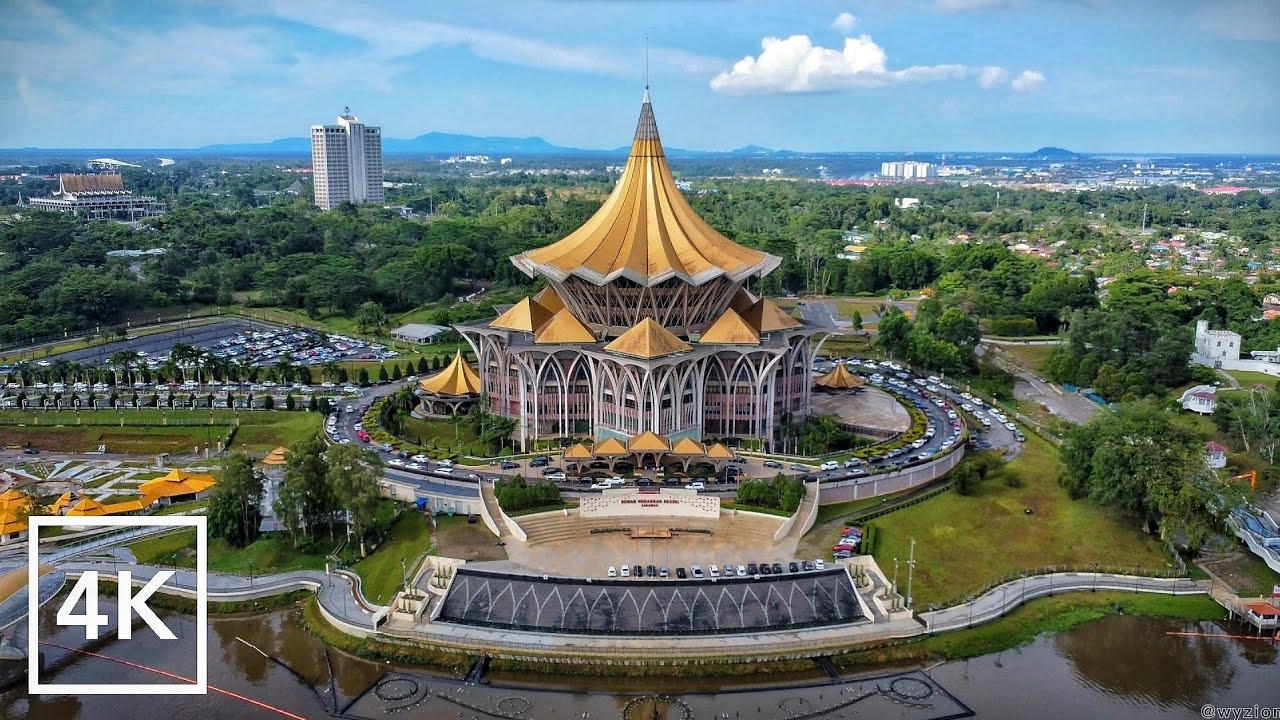Calming Aerial View of Sarawak State Legislative, Malaysia with Relaxing Music