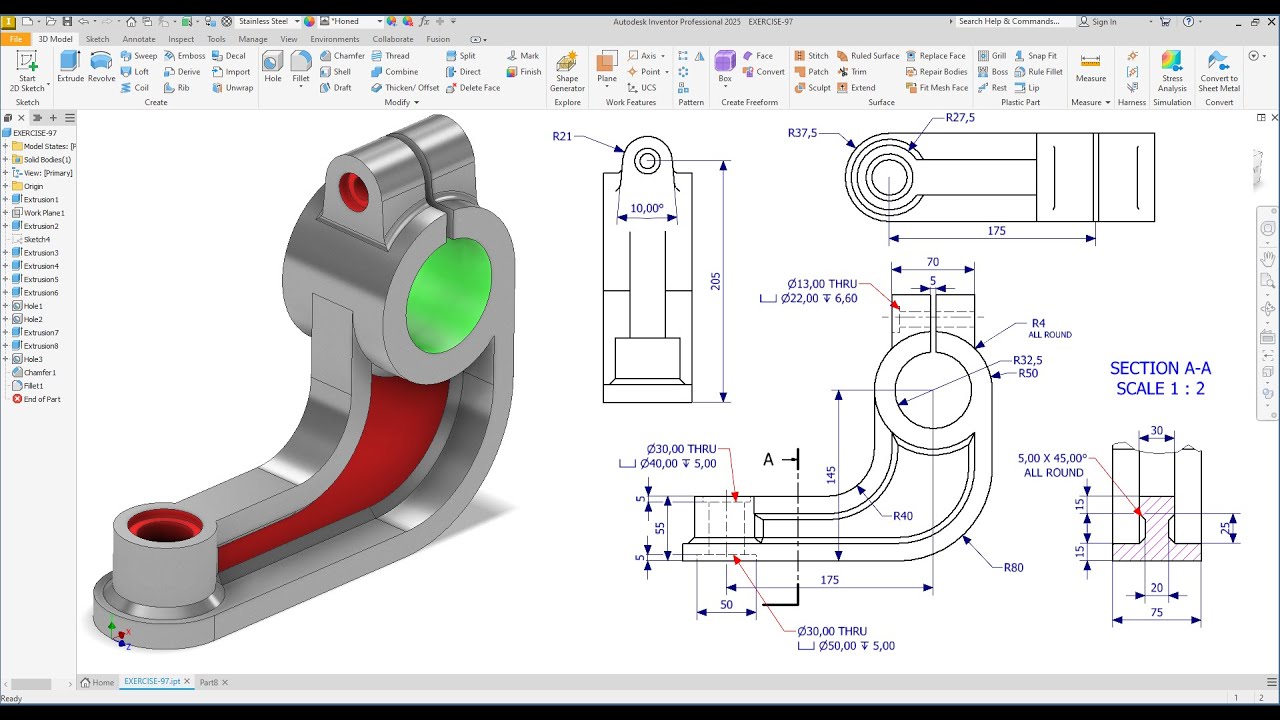 Autodesk inventor 20205 Tutorial Design 3D Model Exercise 95