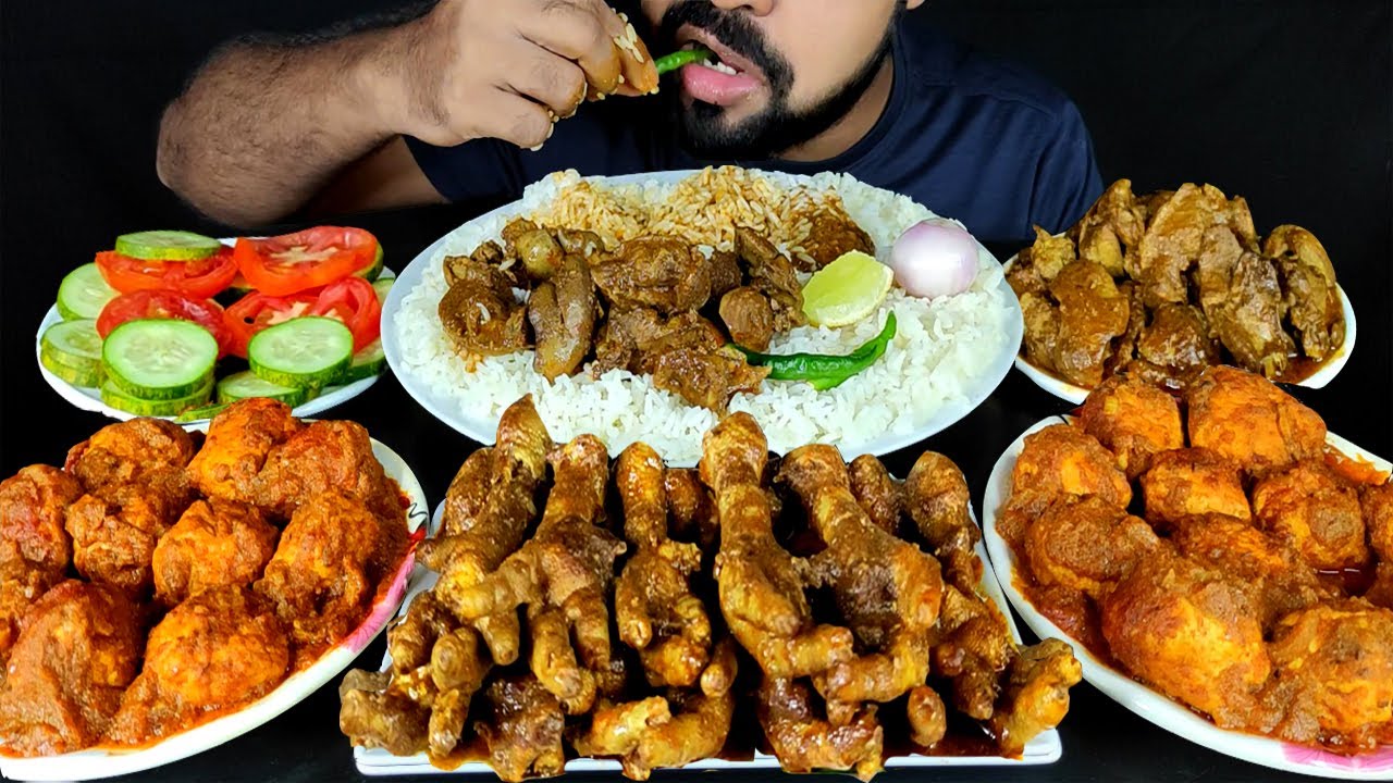 CHICKEN KOFTA CURRY, CHICKEN FEET CURRY, CHICKEN LIVER and GIZZARD CURRY, RICE ASMR MUKBANG EATING||