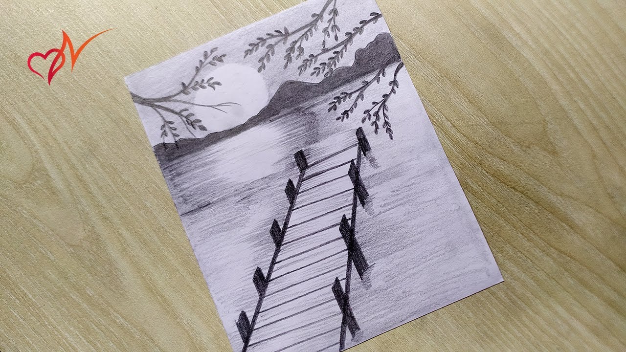Wooden bridge in lake scenery drawing || How to draw a beautiful calm water scenery easily