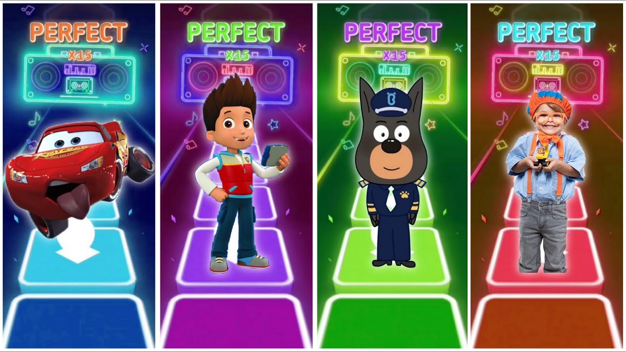 McQueen vs Ryder vs Sheriff Lablador vs Blippi in the Tiles Hop Game play EDM Rush Game play🎶