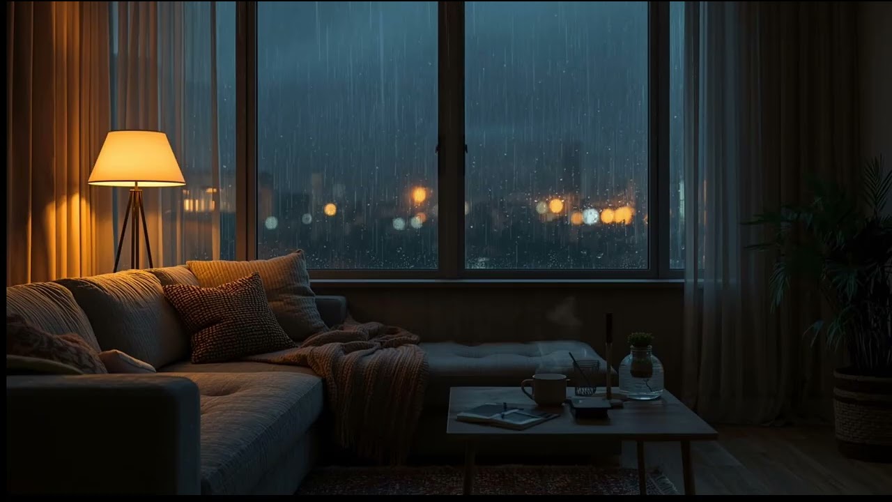 Cozy Apartment Living Room Rain Sounds at Night – Relaxing Ambience for Sleep, Study & Stress Relief