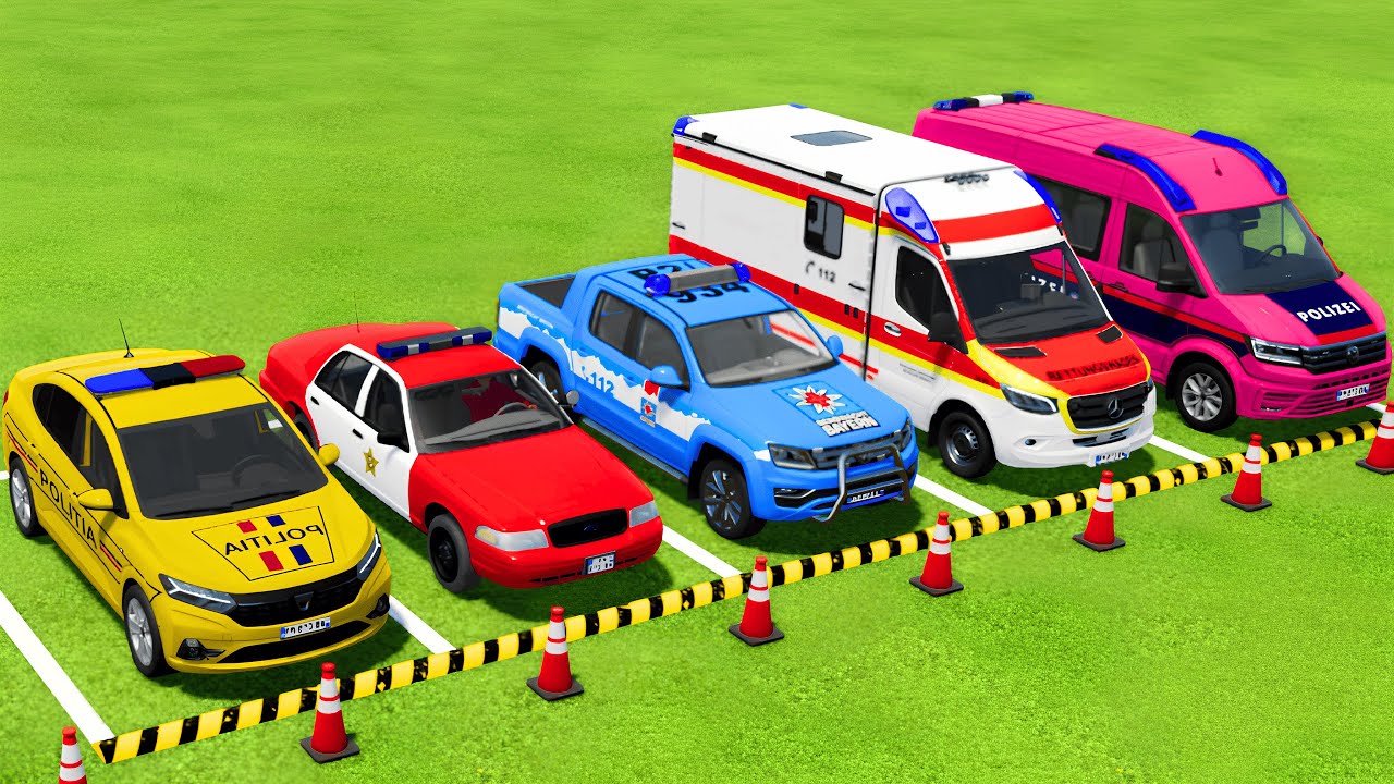 DACIA, FORD, VOLKSWAGEN POLICE CARS & MERCEDES AMBULANCE CAR TRANSPORTING WITH MAN TRUCKS ! FS22