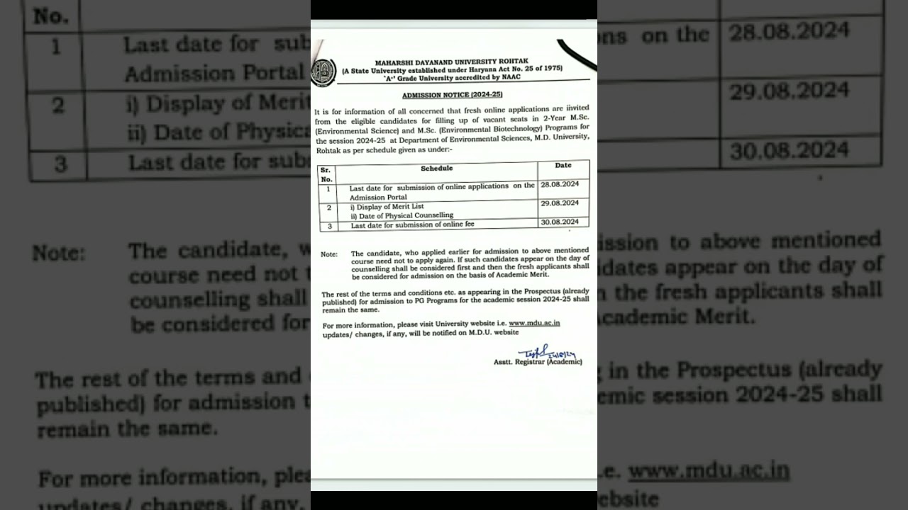 mdu m.sc environmental science m.sc biotechnology admission 2024-2025 vacant seats last chance 2024