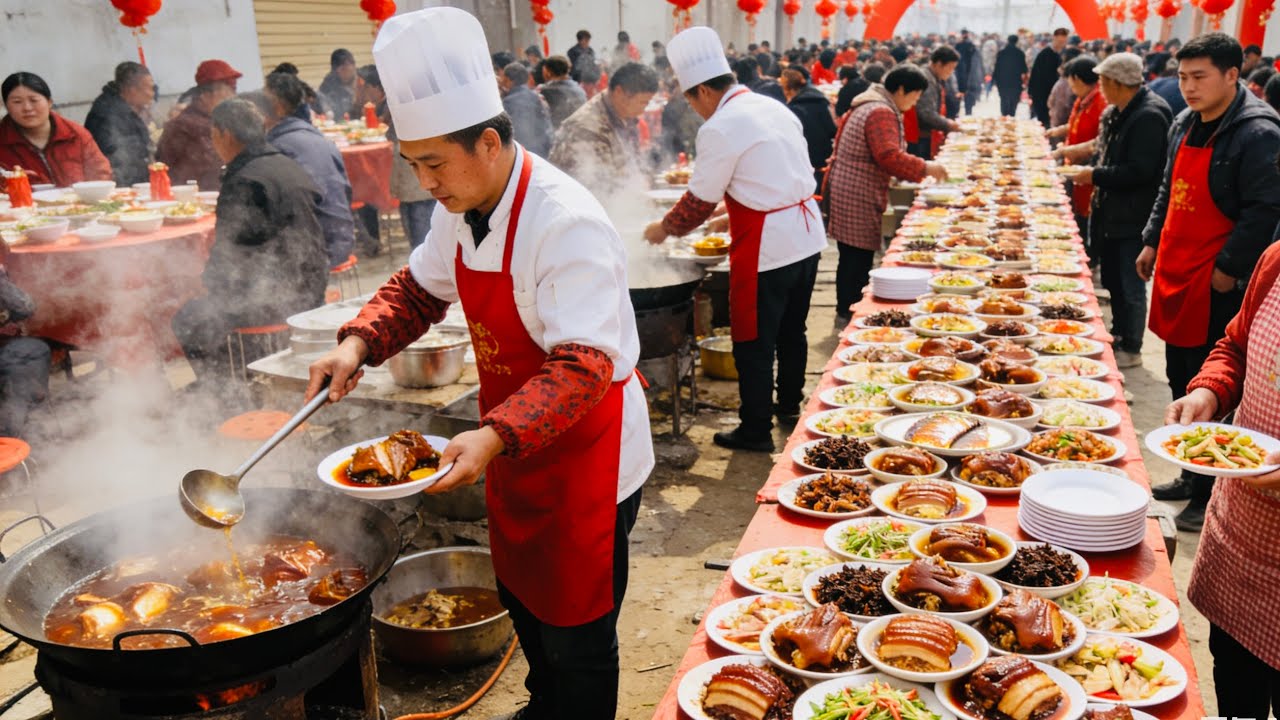 Chinese Village Street Food.桌露天宴！河南尉氏县380元25道菜的婚宴太香了，烧鸡、炖排骨、蒸酥肉全上桌，地道豫东农村大席味，热热闹闹的市井烟火！wedding