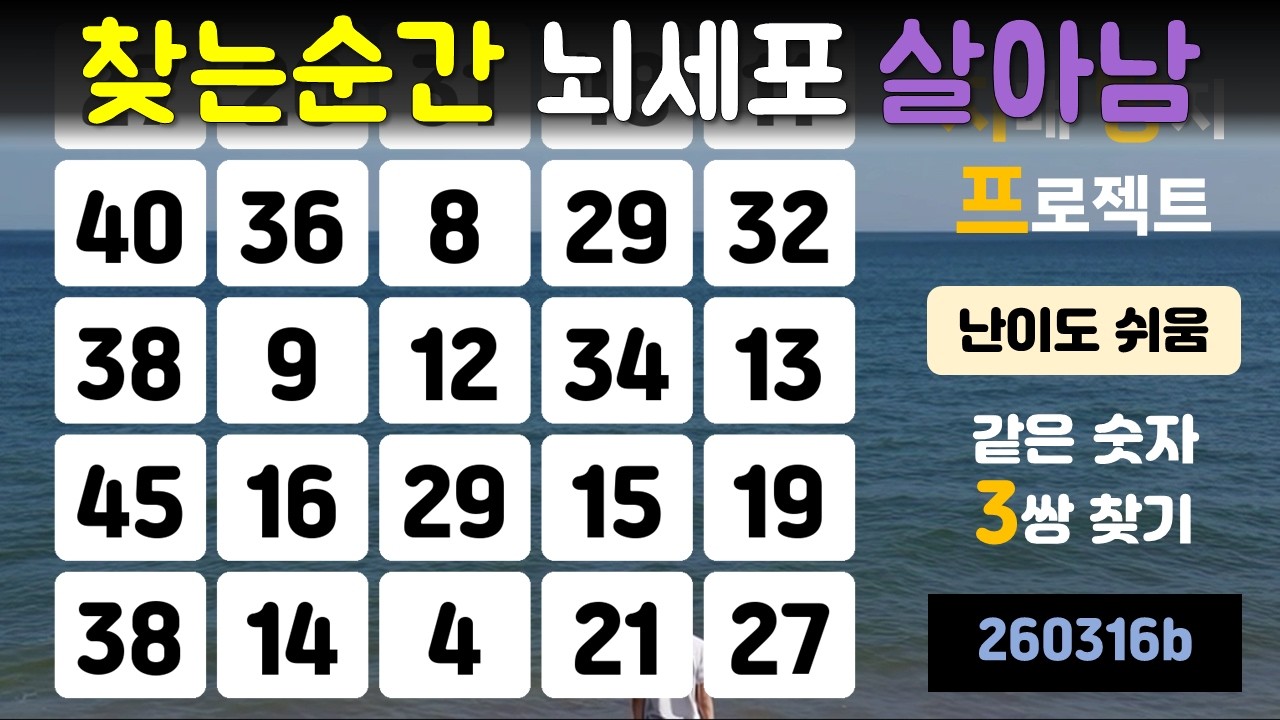 찾는 순간 뇌세포 살아남(치매 방지 프로젝트, 같은 숫자 찾기, 두뇌운동, 치매 예방, 뇌건강, 기억력 향상, 건강한 노후)