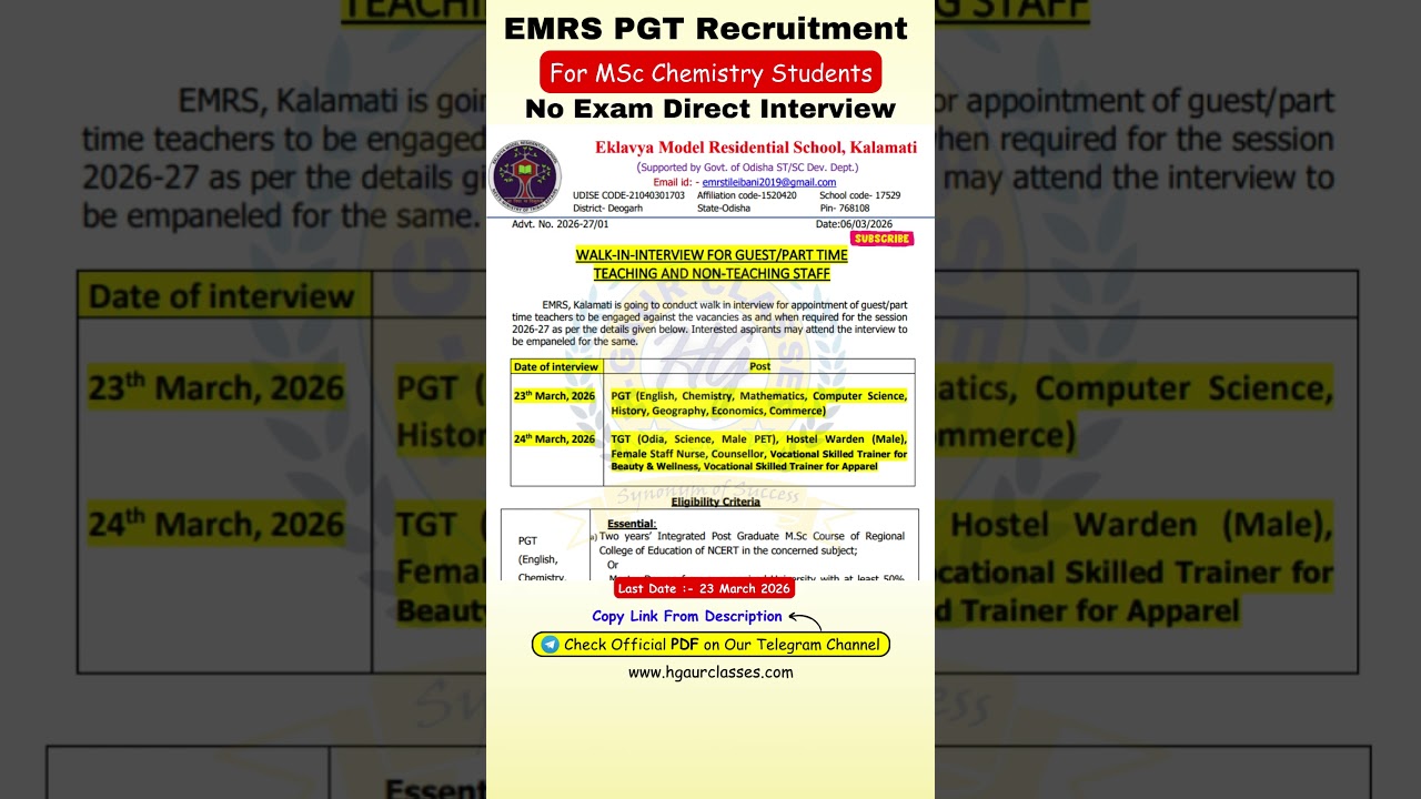 EMRS PGT Recruitment 2026 For MSc Chemistry Students