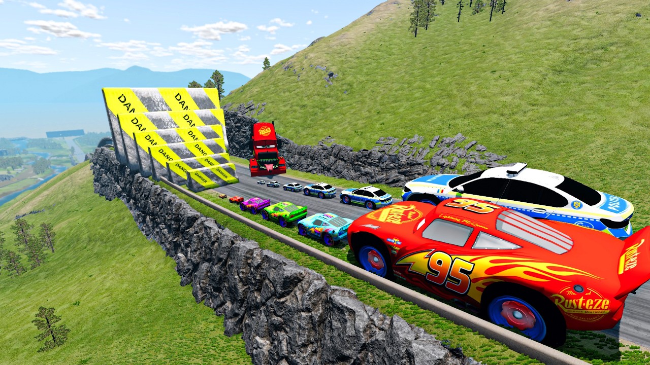 Big & Small McQueen & Police Car vs Zombie Mack, Giant Concrete Barrier Downhill Race | BeamNG.drive