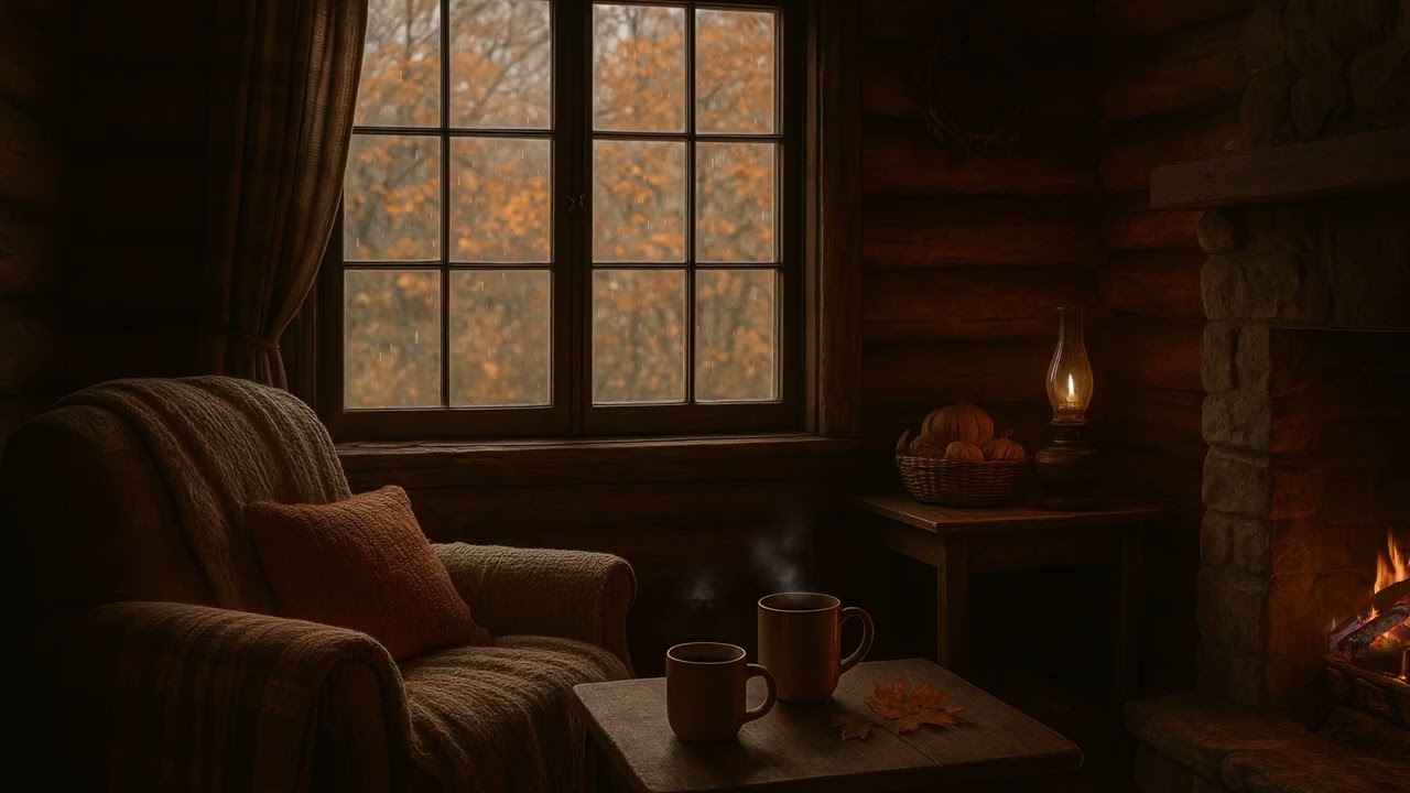 Autumn Cabin Ambience 🍂 | Cozy Log Cabin on a Rainy Fall Day | Crackling Fire, Candles & Rain Sounds