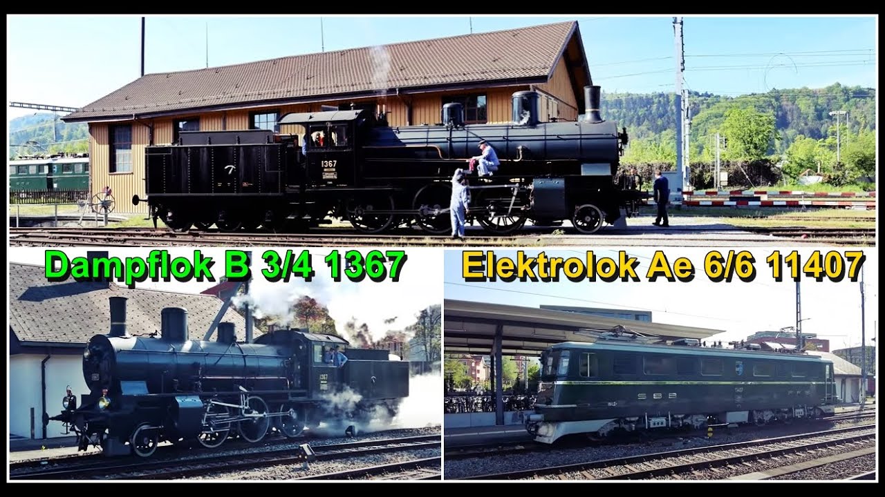 Dampflok B 3/4 1367 und Elektrolok Ae 6/6 11407 beim Bahnhof Wettingen, Kanton Aargau, Schweiz 2023