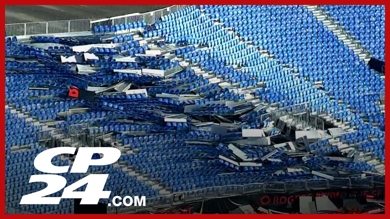 Stunning storm damage to Rogers Stadium is seen from the CP24 / CTV News chopper