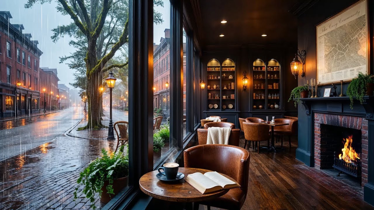 Early Morning Rain ☕ Cozy City Coffee Shop Ambience | Rain & Fire Sounds For Sleep, Focus, & Reading