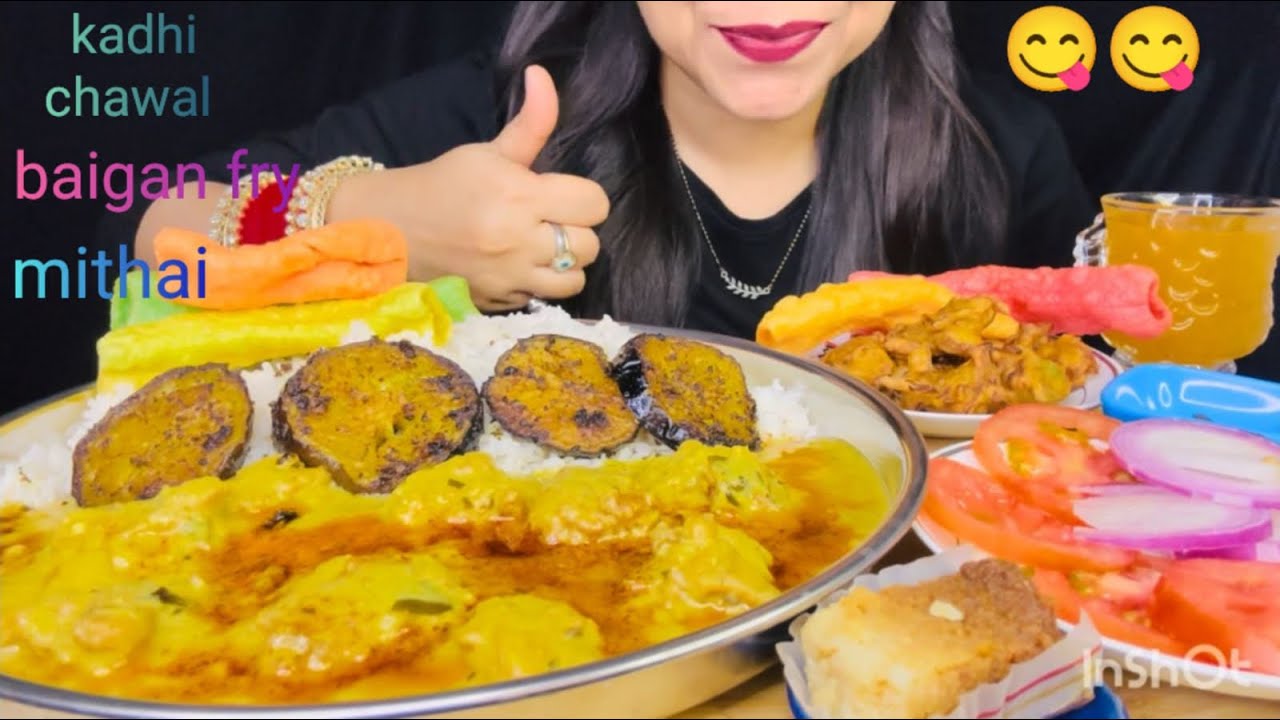Eating kadhi chawal,baigan fry,pyaaz pakoda,mithai#mukbang #asmr #food #eating 
