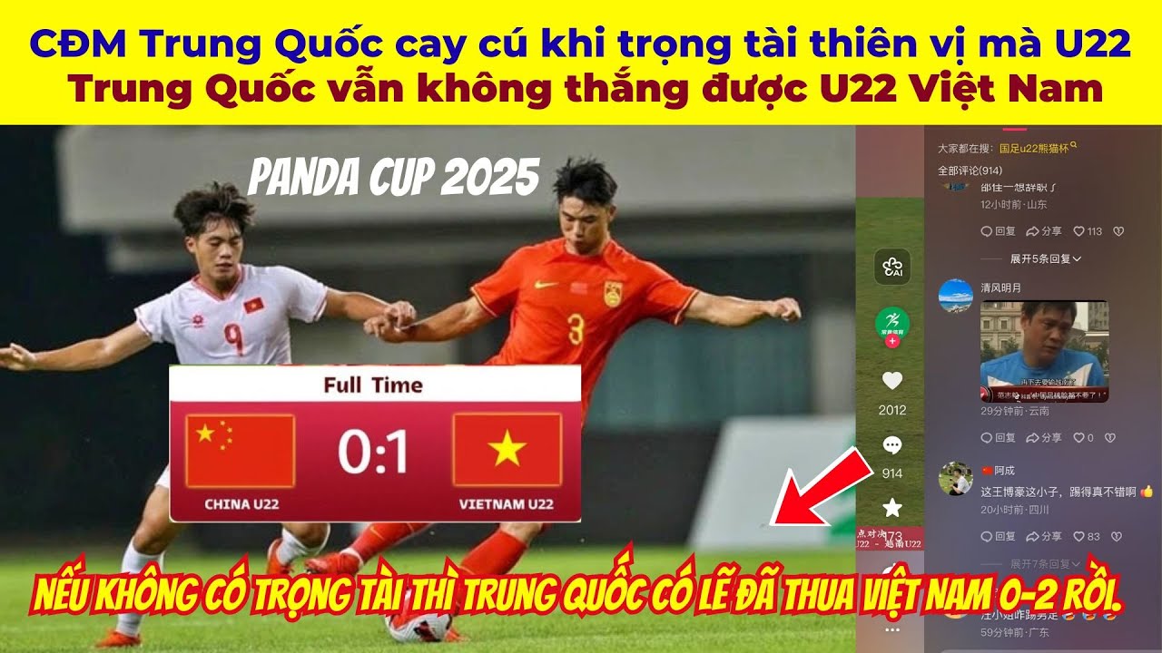 CĐM Trung Quốc cay c&uacute; khi trọng t&agrave;i thi&ecirc;n vị m&agrave; U22 Trung Quốc vẫn kh&ocirc;ng thắng được U22 Việt Nam