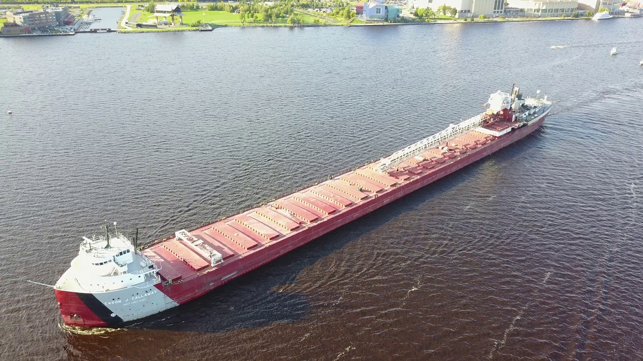 4k Drone Video. Duluth Minnesota. Flight around a long ship.