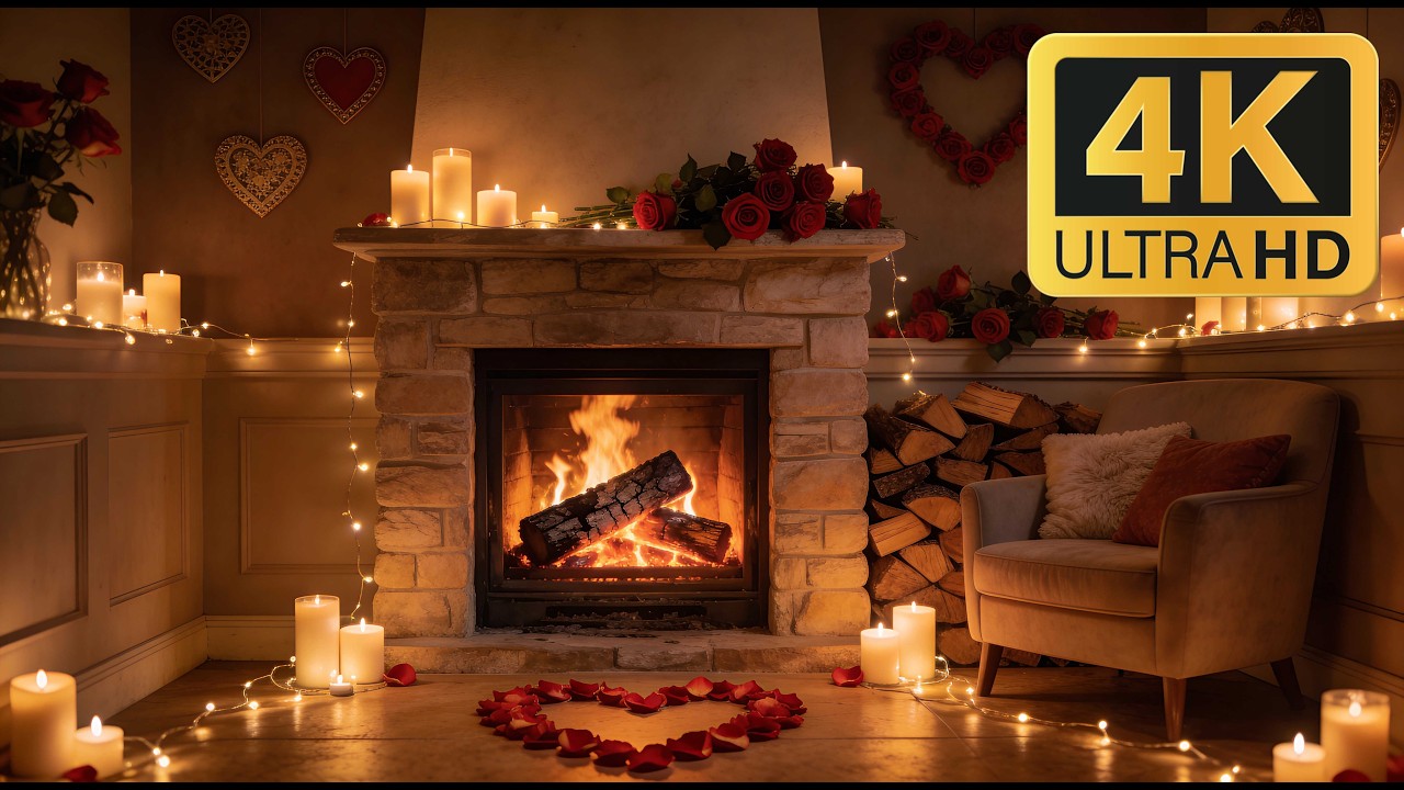 12H Romantic Fireplace 4K ❤️ Candlelight & Cozy Crackling Fire (No Music)