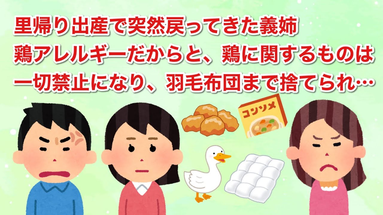 里帰り出産で突然戻ってきた義姉鶏アレルギーだからと、鶏に関するものは一切禁止になり、羽毛布団まで捨てられて…