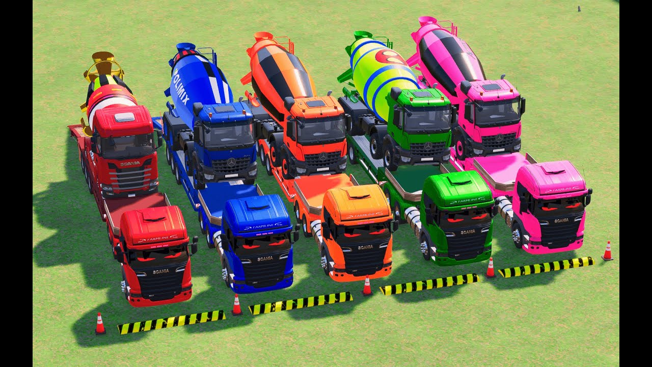 Garage with Colors - ALL MIXER TRUCK WITH DOUBLE FLATBED TRAILER TRUCK, VOLVO, DAF, MAN - FS22
