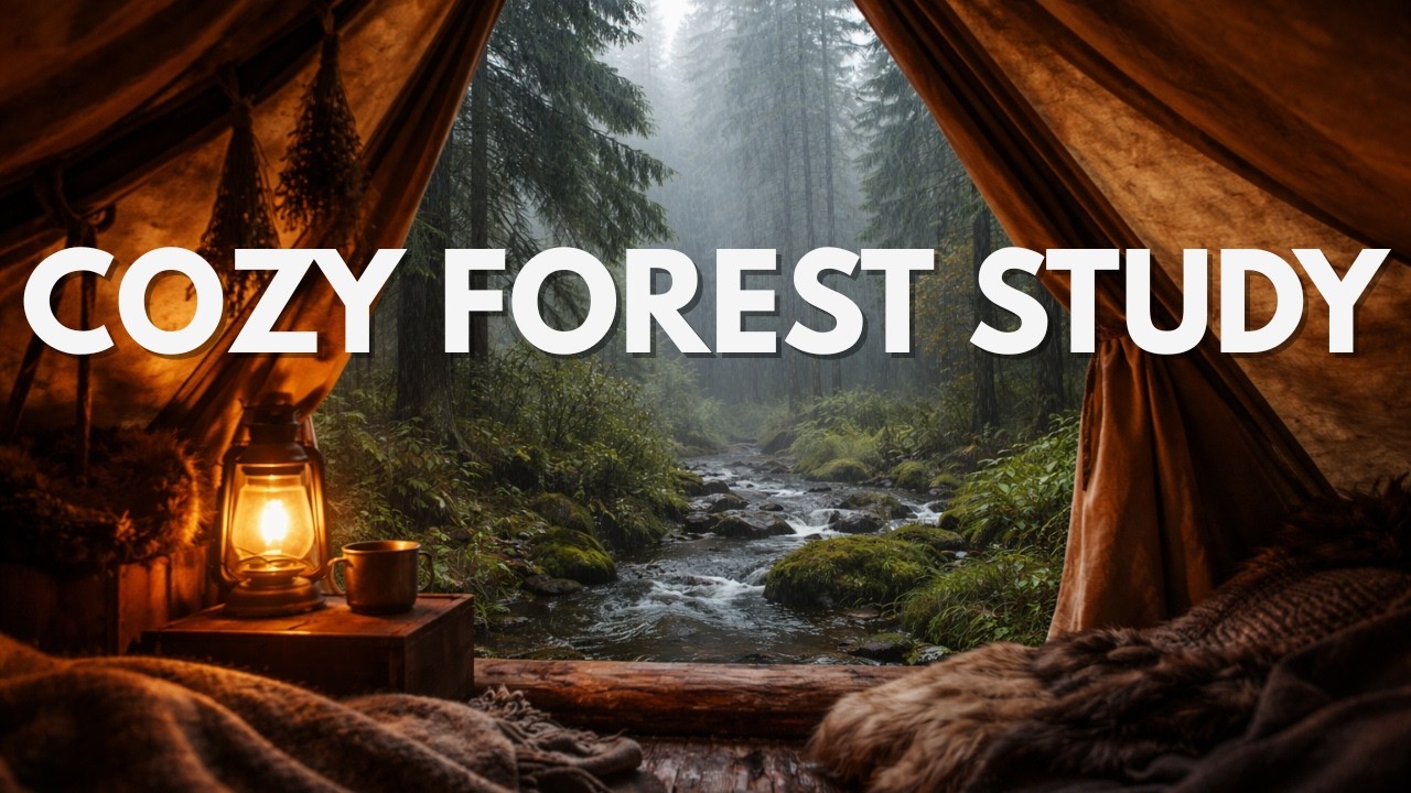 Cozy Forest Cabin Study Ambience 🌲📚 | Stream & Lantern Sounds (2 Hours)
