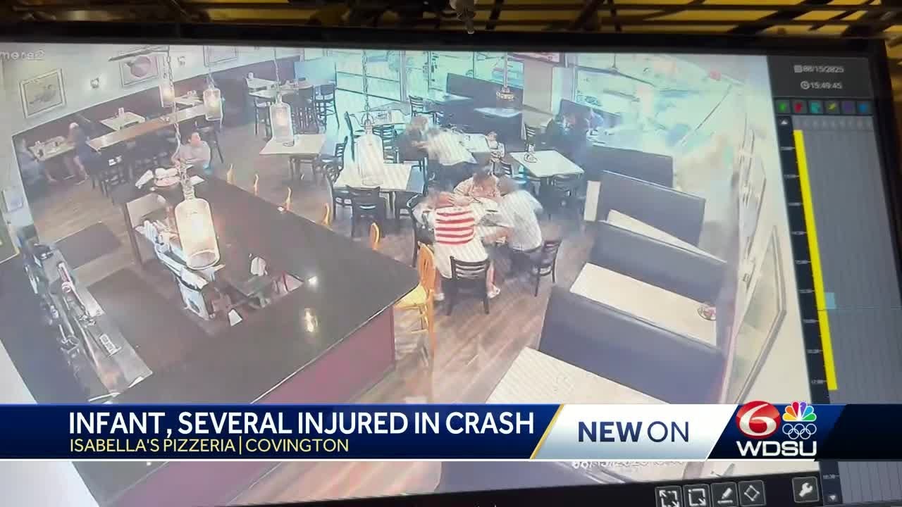 Surveillance footage shows moment car crashes into restaurant in Louisiana, injuring infant