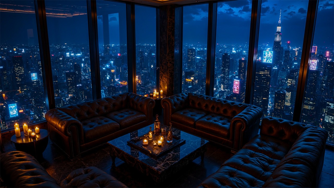 Luxury Cyberpunk Penthouse | Night City Skyline, Warm Candlelight & Futuristic Sci-Fi Ambience | 4K