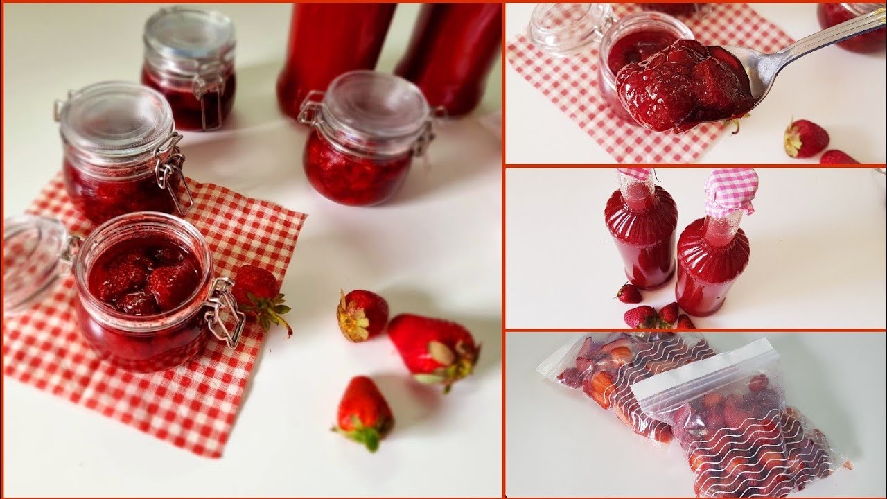 تخزين الفراولة ب٣ طرق مربى وعصير مركز وفى أكياس فى الفريزر