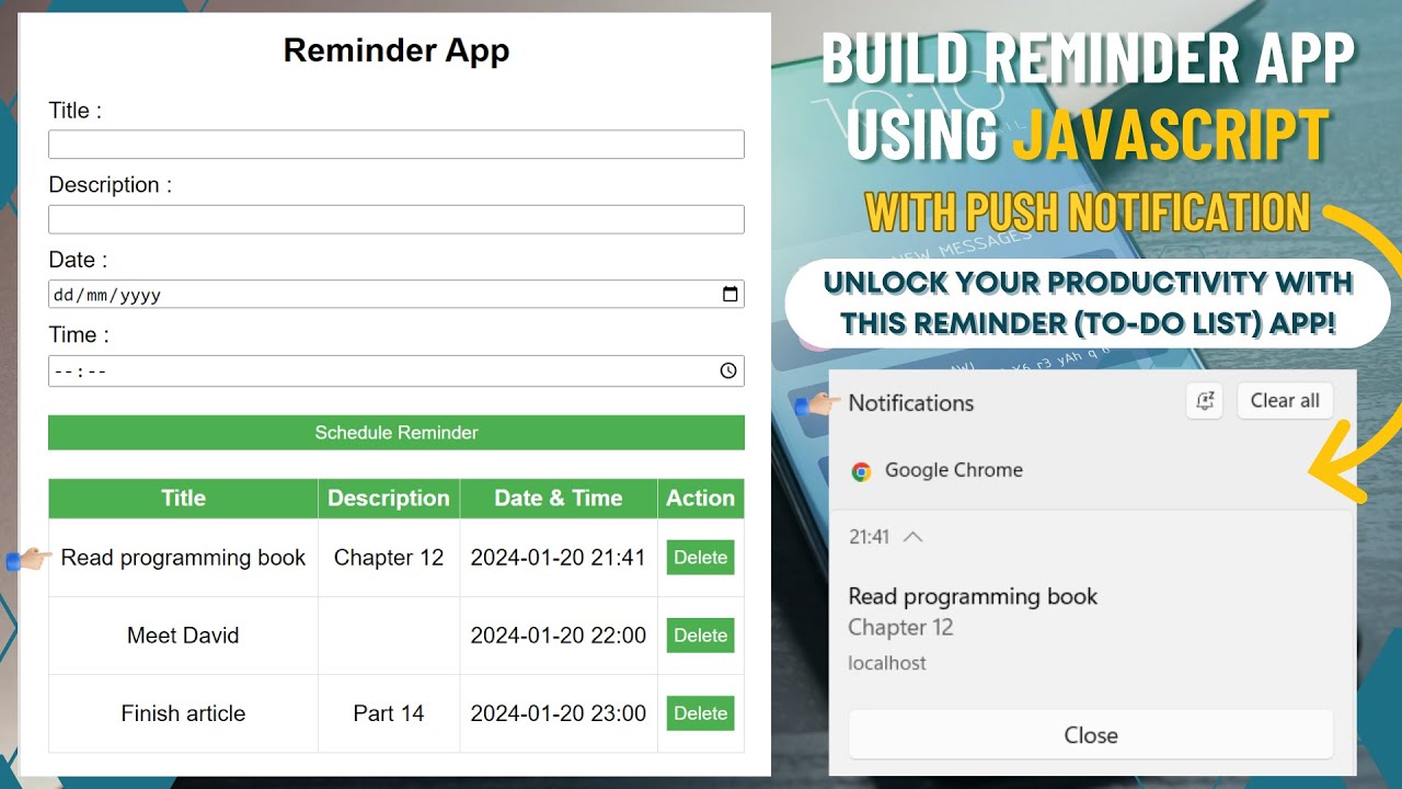 Build Reminder App Using JavaScript With Push Notification | To-Do List App With Notification Alert