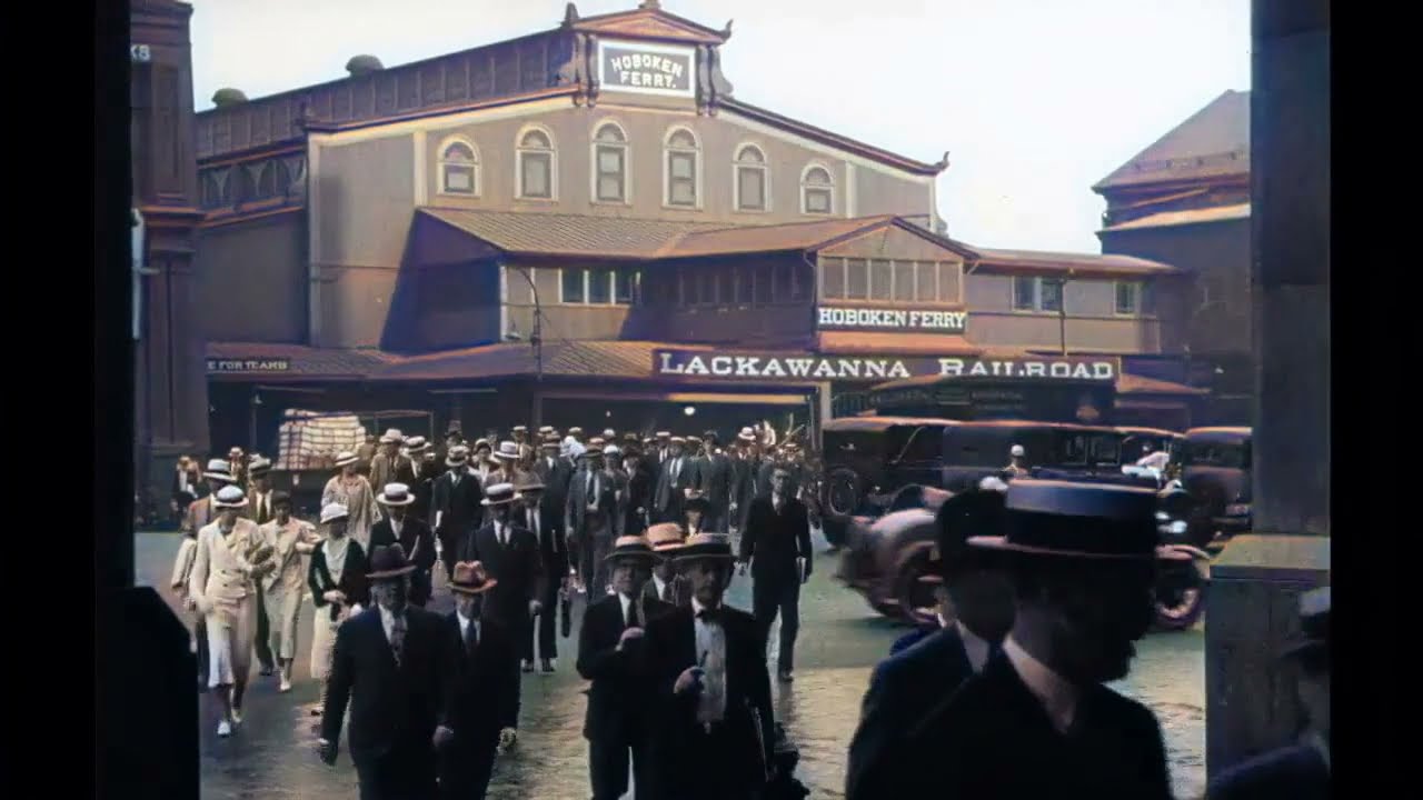 1932 New York, Lackawanna Railroad, Hoboken Ferry terminal. Converted to color with sound 1930s