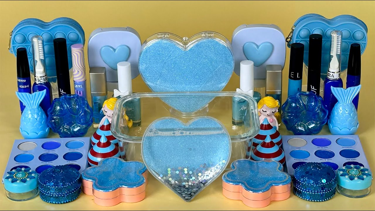 BLUE SLIME. Mixing makeup and glitter into Clear Slime. Satisfying Slime Videos 2160p.