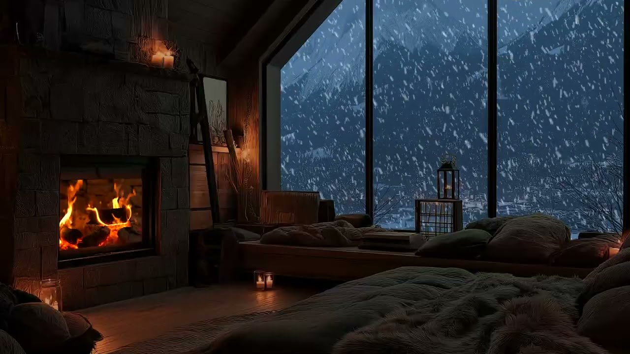 (No Ads) Gentle Fireplace Fire with Distant Winter Wind | Relaxing Night Ambience