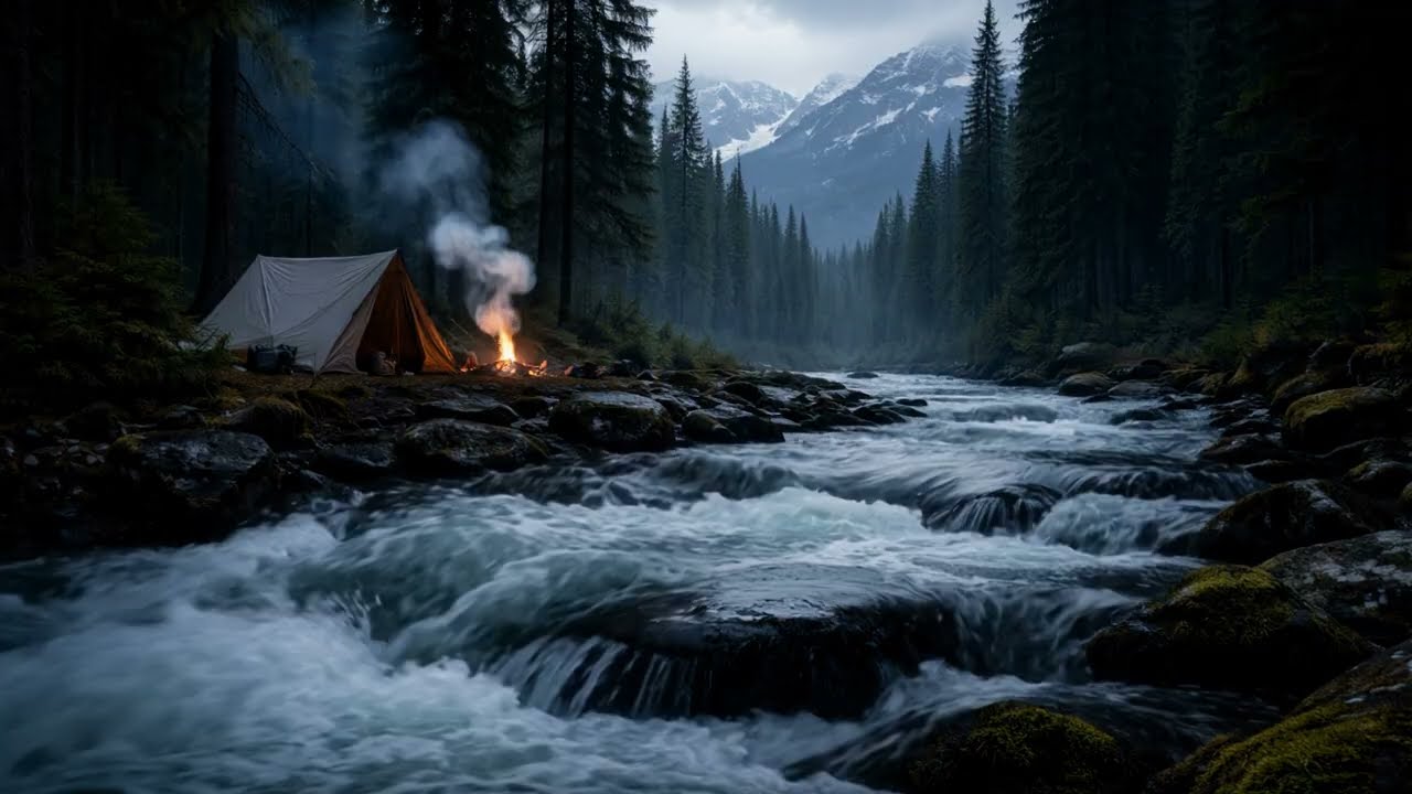 Dark Nordic Forest Ambience | Rushing Icy River & Campfire Sounds for Sleep, Focus (4K)