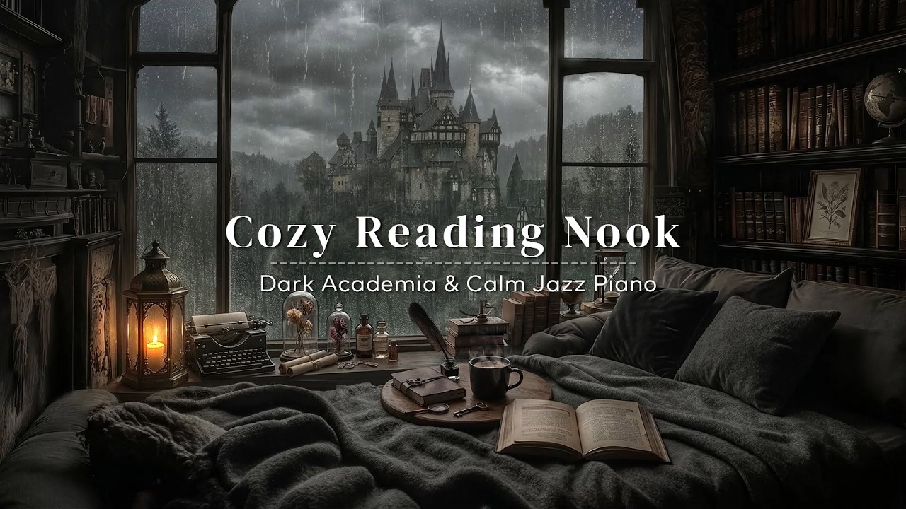 Cozy Reading Nook on a Rainy Day | Calm Jazz Piano Music & Dark Academia Ambience for Deep Relax
