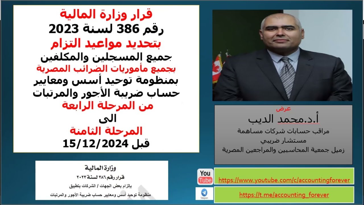 قرار 386 لسنة 2023-الملتزمين بتطبيق منظومة توحيد أسس و معايير حساب ضريبة المرتبات قبل 15-12-2024