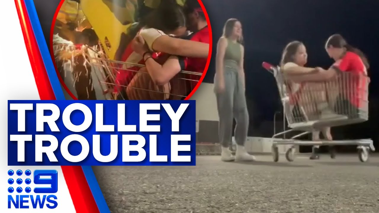 Aussie girls playing in shopping trolley when things take a turn | 9 News Australia