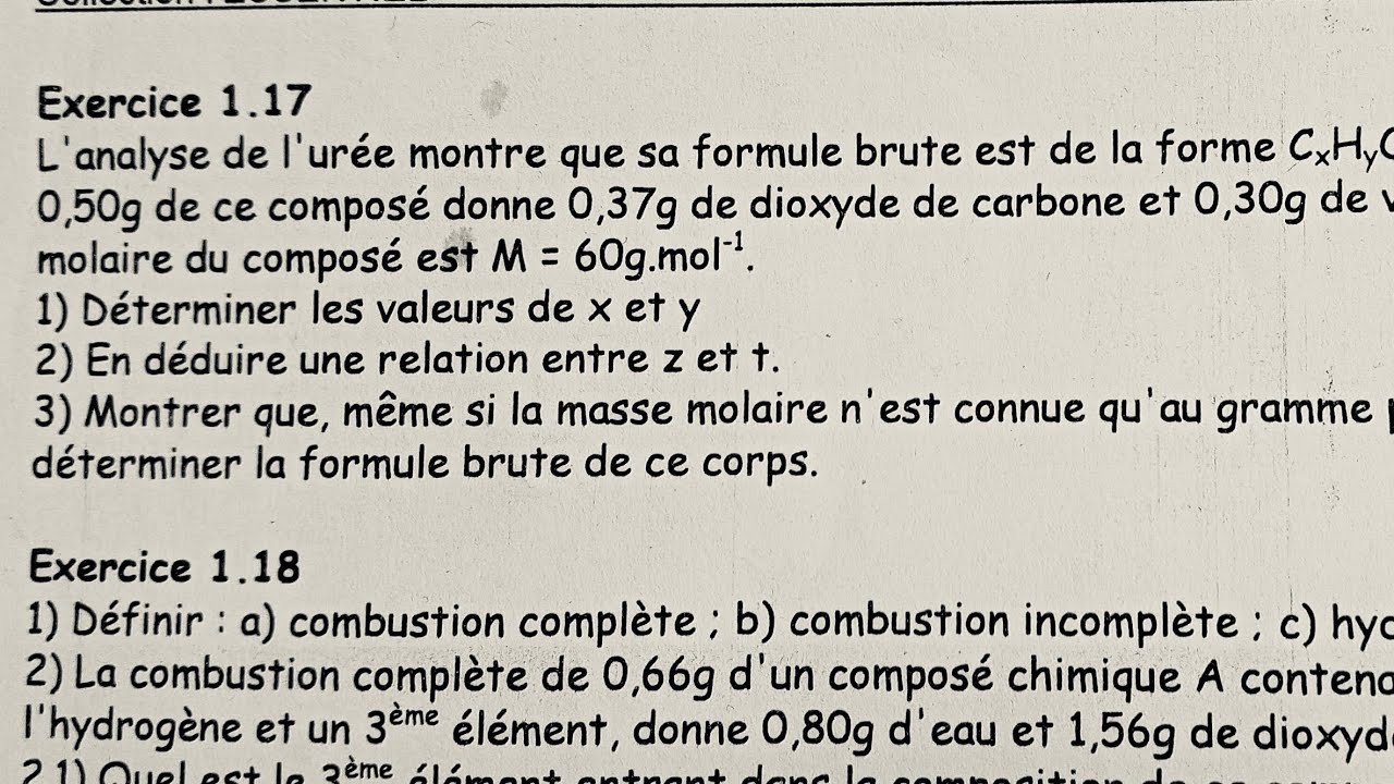 Exercice corrigé sur la chimie organique : détermination de la formule brute de l'urée.1ere CD📝✍️