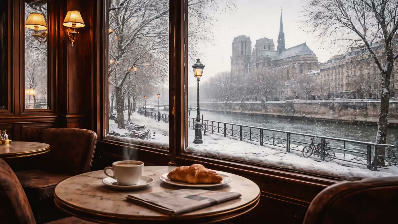 Paris Café Winter Ambience ☕ Snowy Seine View & Notre-Dame | Cozy Coffee Shop Piano Jazz