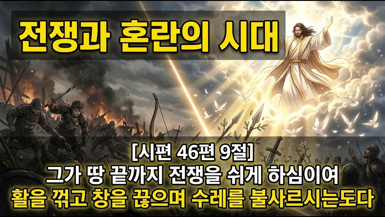 [시편 46편 9절] “그가 땅 끝까지 전쟁을 쉬게 하심이여 활을 꺾고 창을 끊으며 수레를 불사르시는도다.” 