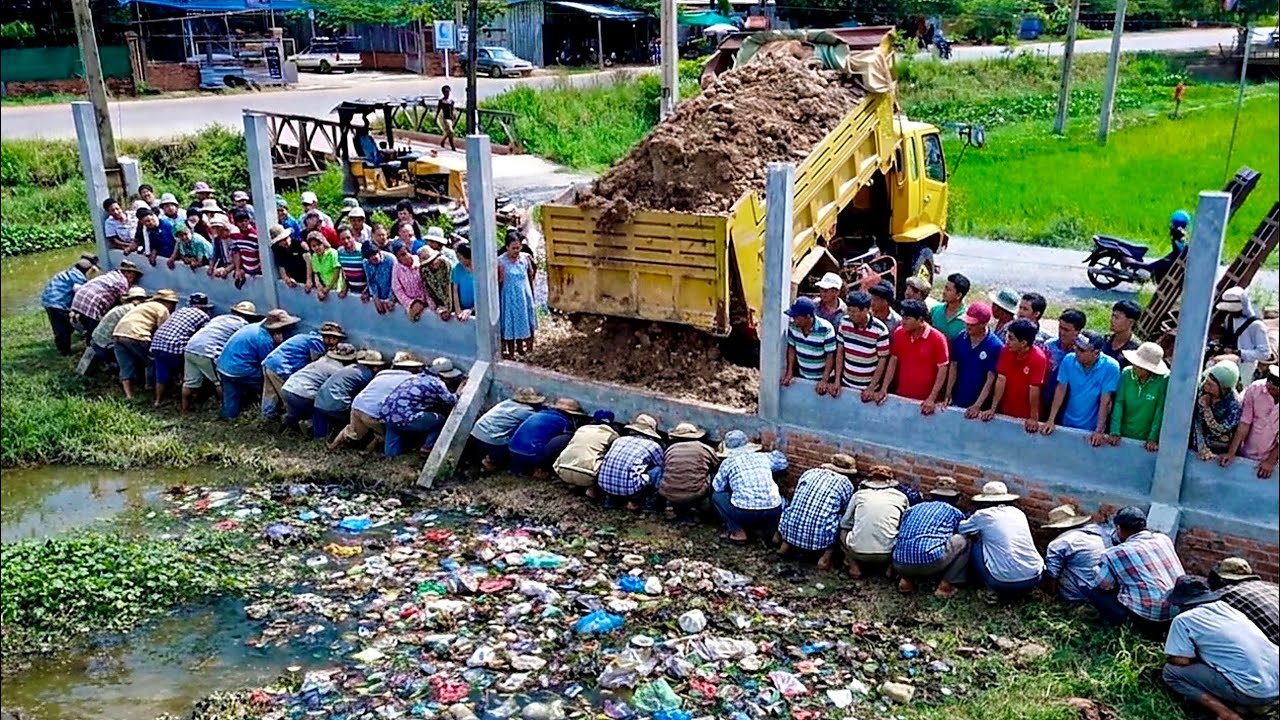 First Started A Perfect Project!! LandFill Delete Deep Canal By Skills Dozer Pushing Soil Into Water