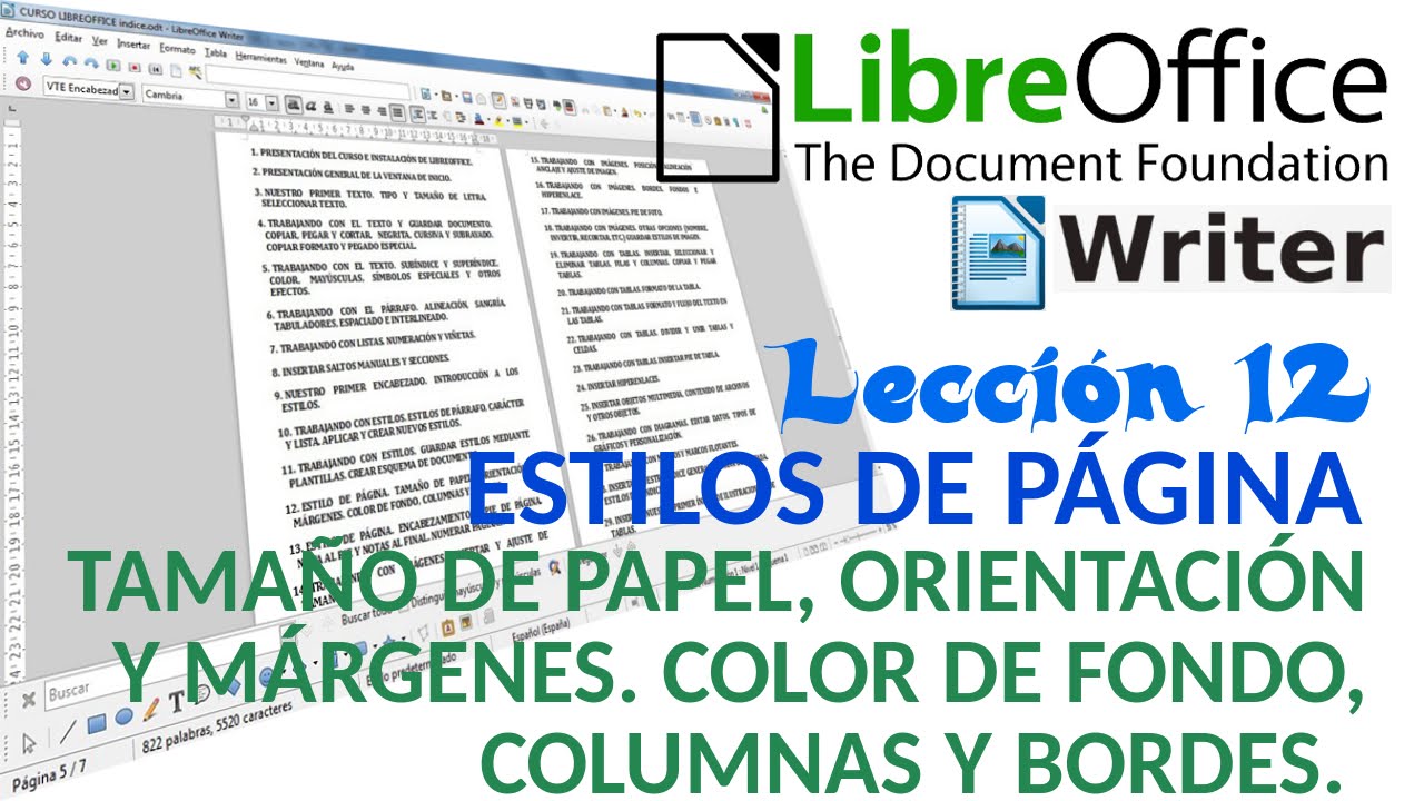 Tutorial LibreOffice Writer - 12/40 Estilo de página. Tamaño, márgenes, color, columnas y bordes.