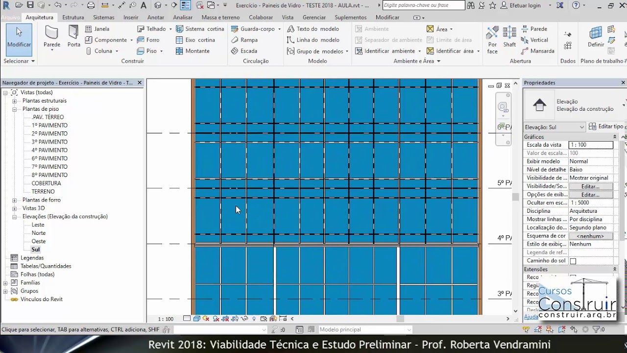 REVIT Viabilidade Aula 4.6: Texto 3D e parede cortina em função dos níveis