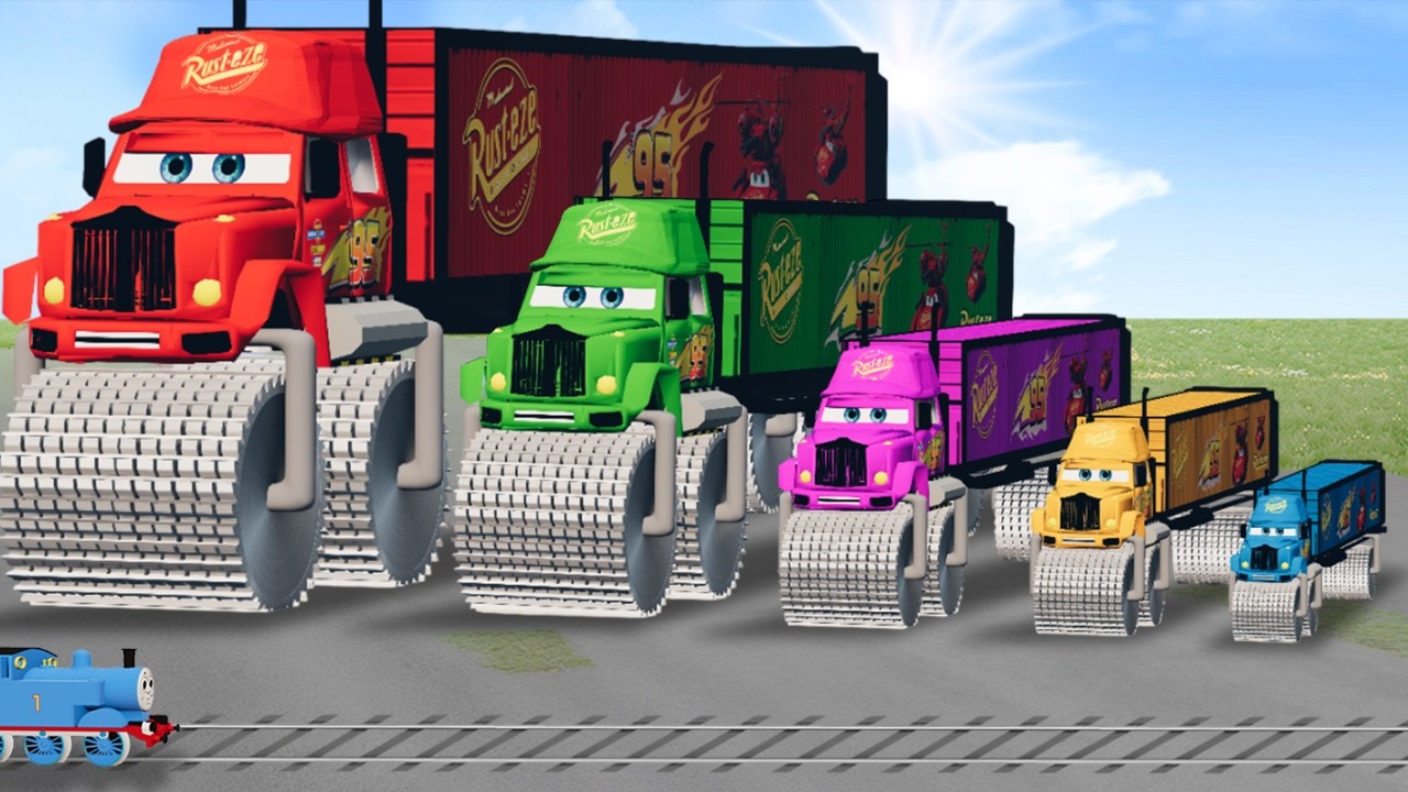 Big & Small Colors Mack Truck Lightning McQueen with Saw Wheels vs Thomas Train | BeamNG.drive