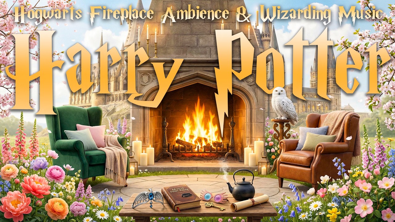 Velvet Spring Hearth at Hogwarts 🌸 Castle Garden Fireplace Ambience | Harry Potter Music