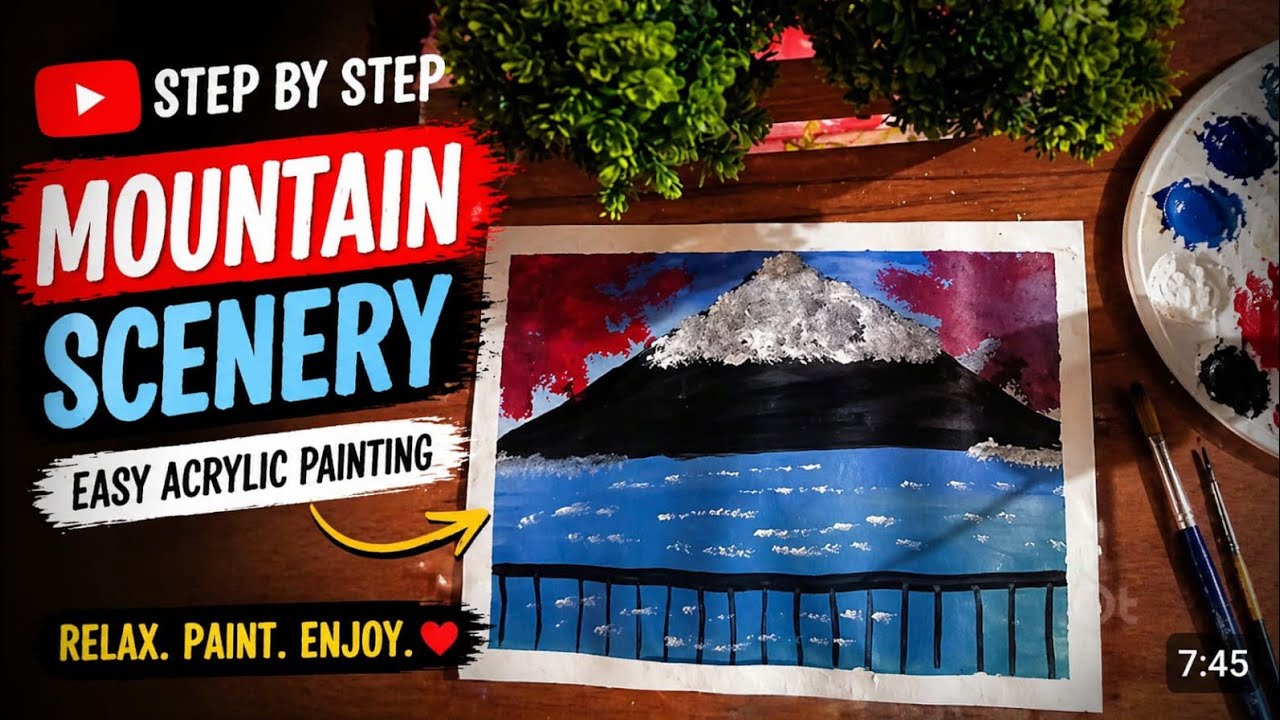 A mountain painting new ideas for beginners#acrylicscenery #painting #canvaspaintingideas 💫💦❣️🪴🍁💐
